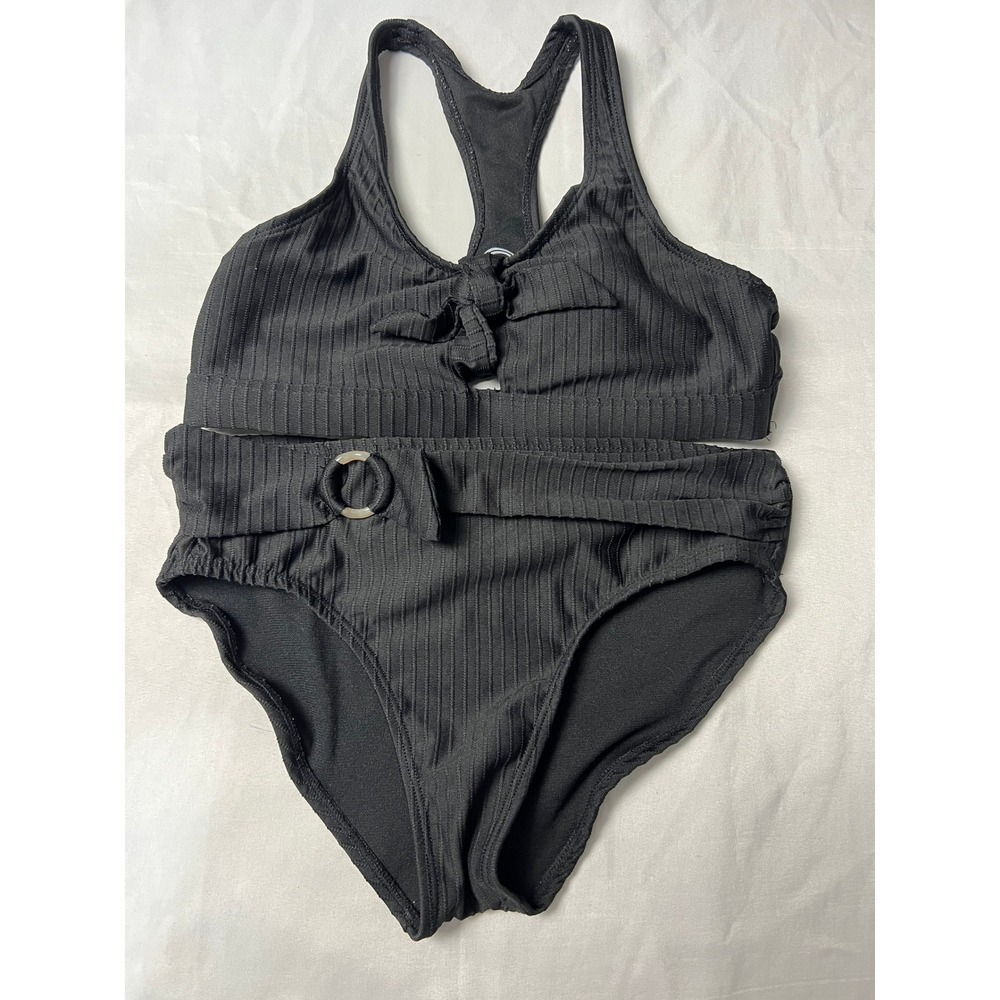 Wonder Nation Girls Black Ribbed High Waisted Belted Bikini Swimsuit Set L 10-12